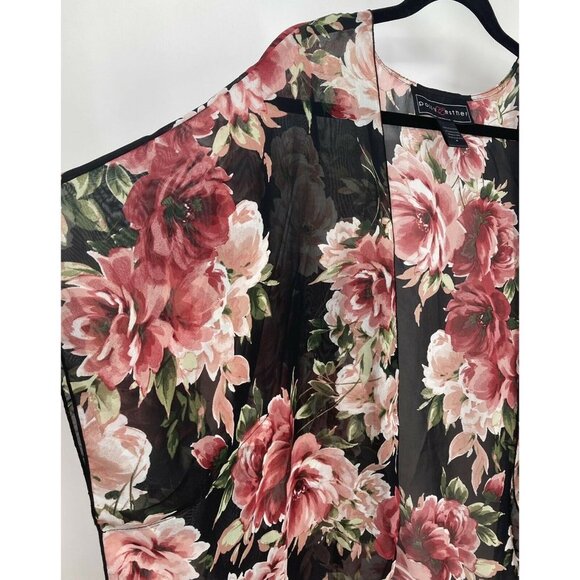 Polly & Esther Kimono Cover Up Size Medium M Black Pink Floral Sheer Women B5 - Picture 3 of 8